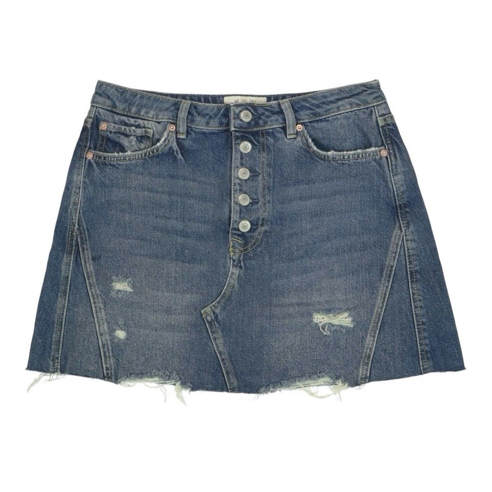 Free People We The Free Denim Mini Skirt Button Fly Raw Hem‎ Boho Festival 31